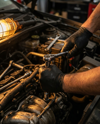 Gloved hands working inside a car engine bay