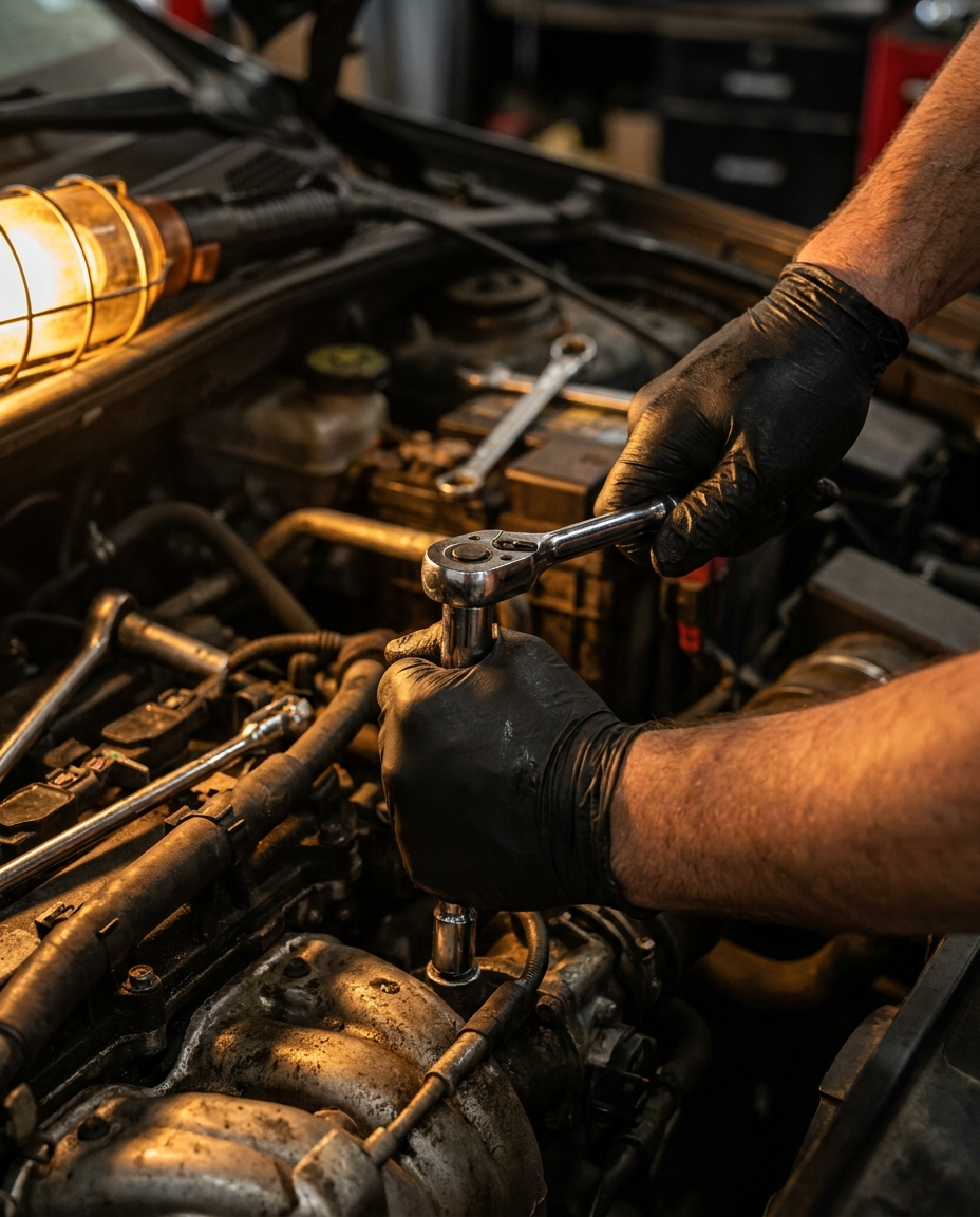 Gloved hands working inside a car engine bay