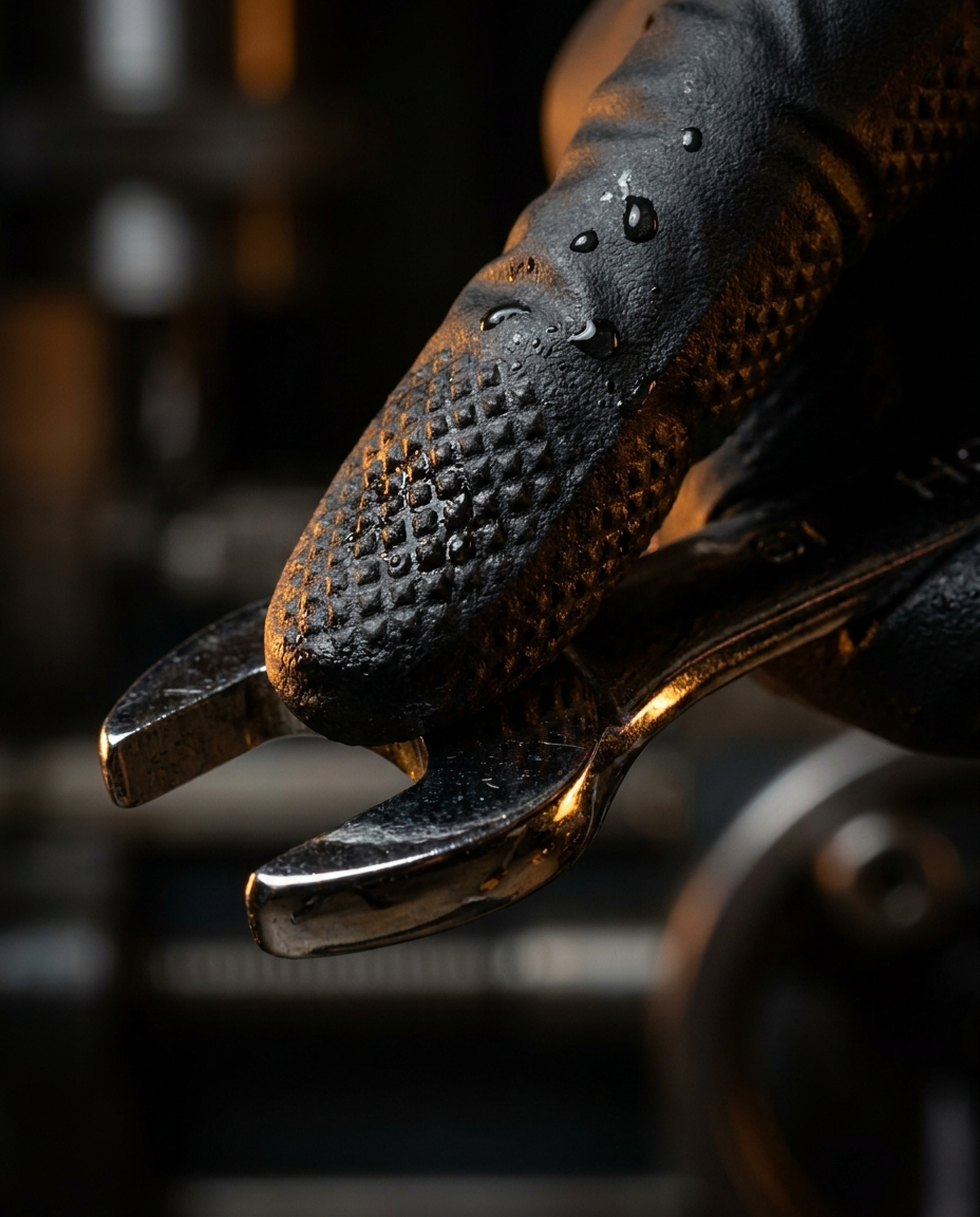Close-up of gloved hand gripping a wrench